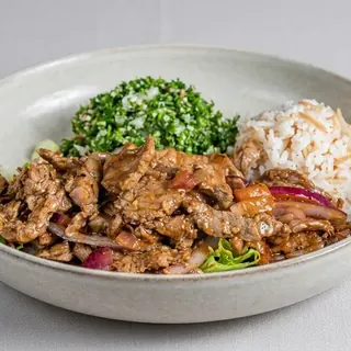 Beef shawarma platter with rice and tabbouleh