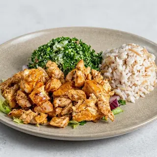 Chicken shawarma platter with rice and tabbouleh