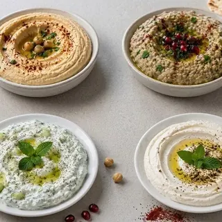 Hummus, baba ghanoush and labneh plates