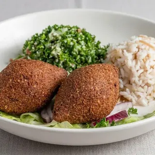 Kibbeh platter with rice and salad