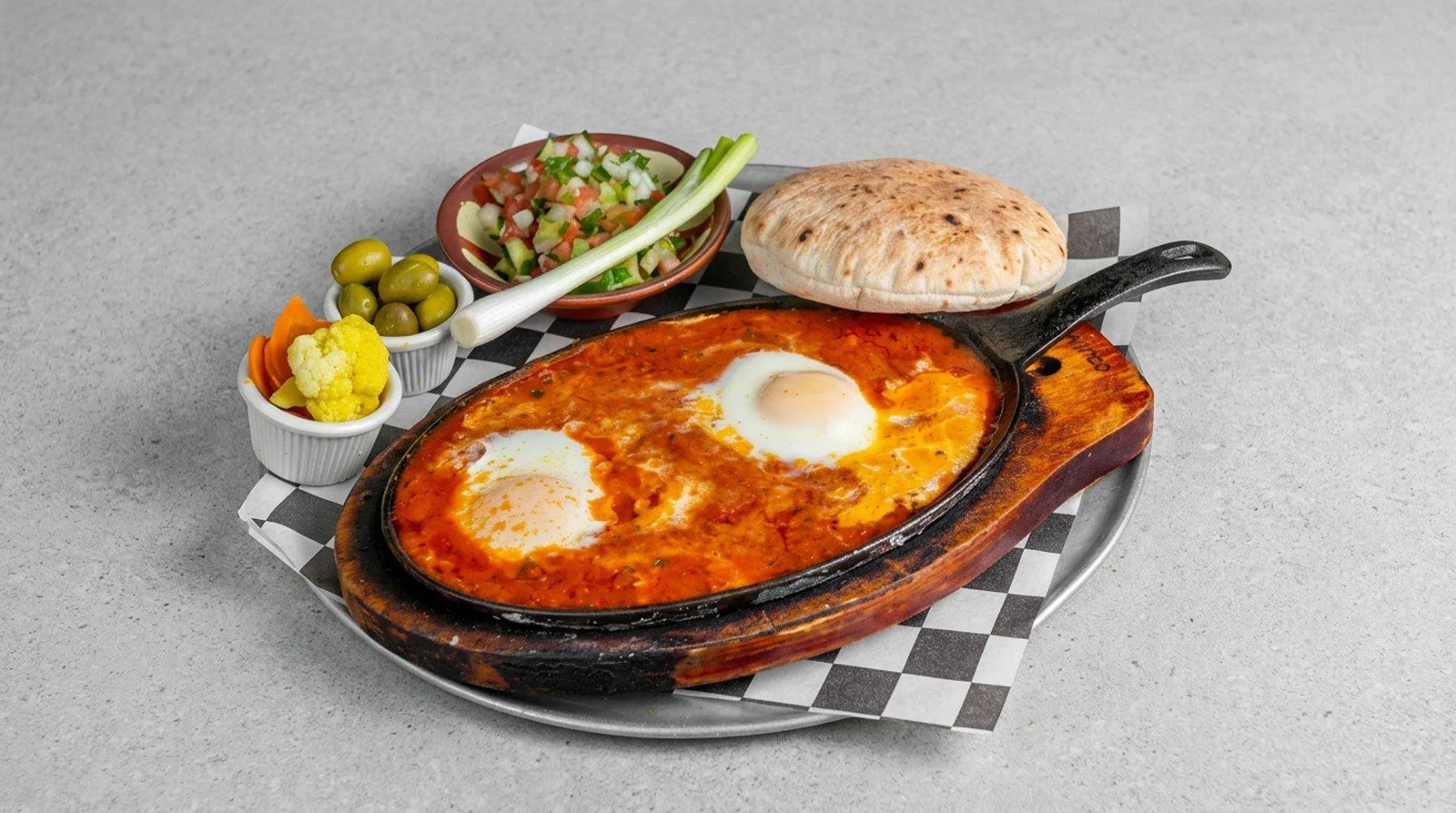 Shakshuka served in a cast iron pan at Zaytona Grill