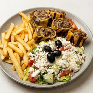 Sushi kafta rolled and grilled, with fries and salad