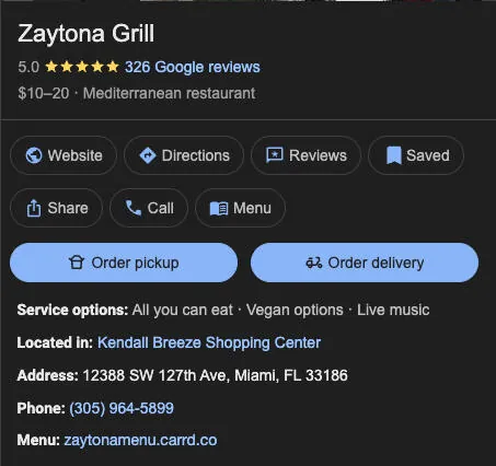 Mediterranean food platter from Zaytona Grill Miami