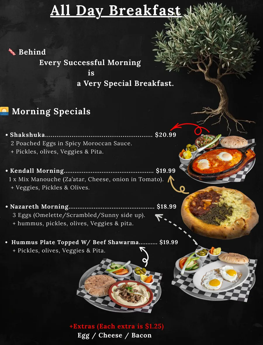Zaytona Grill breakfast menu — shakshuka, manouche, eggs