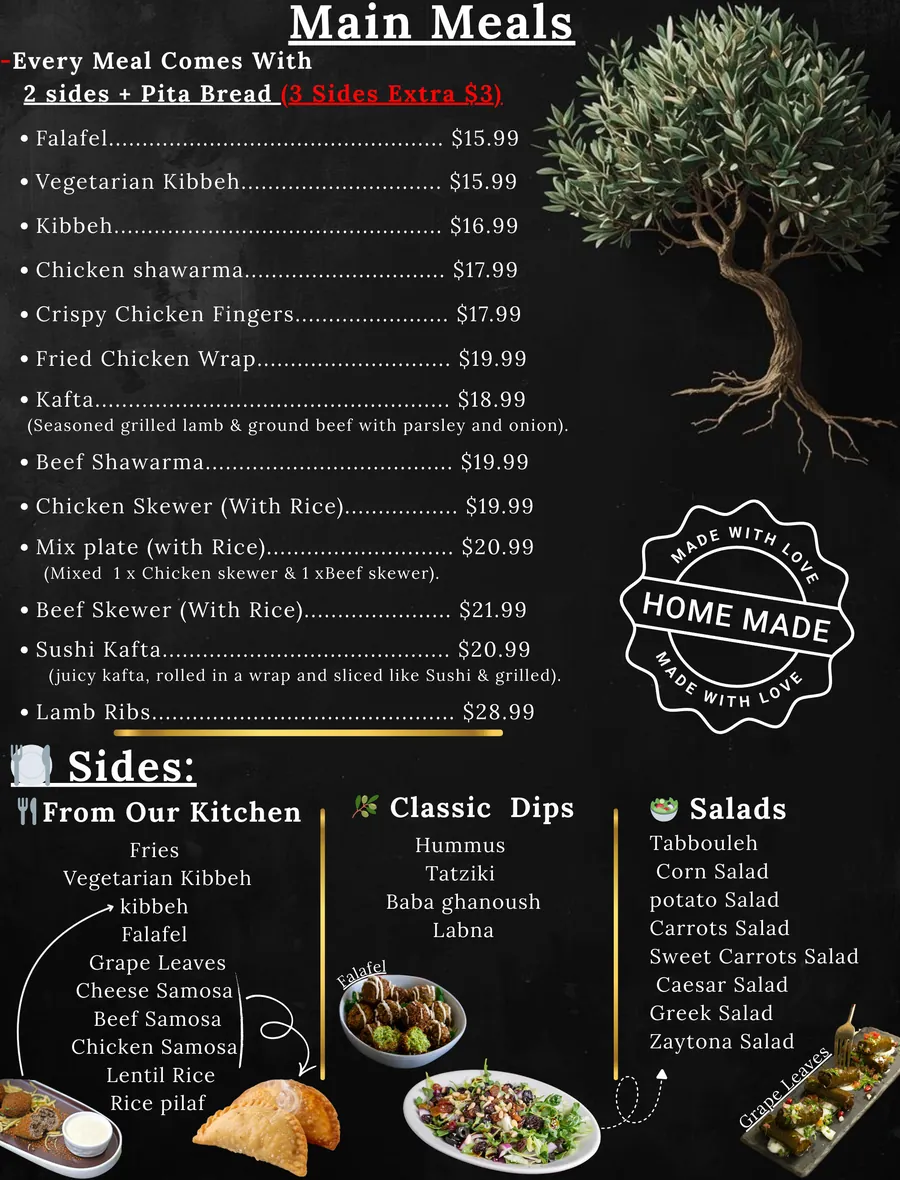 Zaytona Grill main meals — shawarma, skewers, kafta, kibbeh