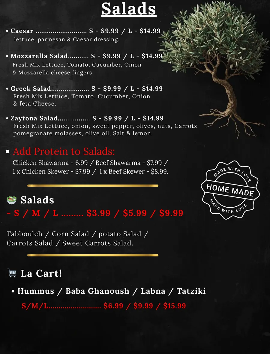 Fresh salads at Zaytona Grill — Caesar, Greek, Zaytona Salad