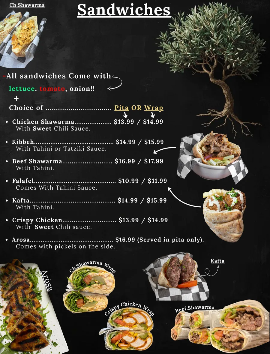 Zaytona Grill sandwiches — shawarma pita, kafta wrap, crispy chicken wrap